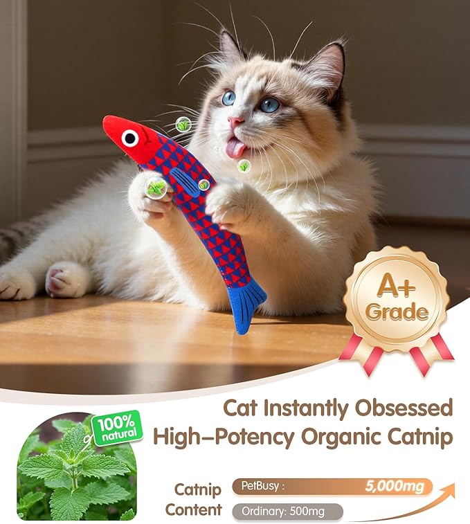 Cat Toys with[5000mg A+Natural Catnip &Silvervine] [Baby Grade] Interactive Soft Chew Kicker Cat Toys for Indoor Cats & Kittens, [Crinkle &Bell] Fish Sound Toy, Drives Bored Cat Crazy with Fun