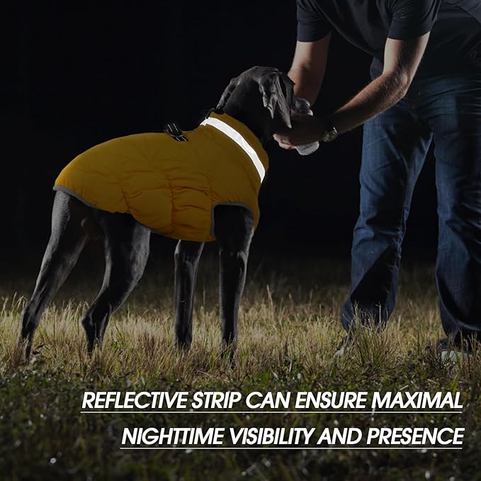 FUAMEY Dog Coat for Large Dogs,Waterproof Dog Winter Jacket with Harness Built in Puppy Cold Weather Coats Reflective Pet Vest with Zipper Warm Fleece Dogs Snowsuit Windproof Yellow 2XL