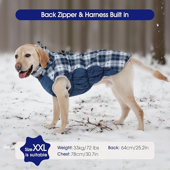 FUAMEY Dog Coat for Medium Dogs,Waterproof Dog Winter Jacket with Harness Built in Puppy Cold Weather Coats Reflective Pet Vest with Zipper Warm Fleece Dogs Snowsuit Windproof Blue Plaid M