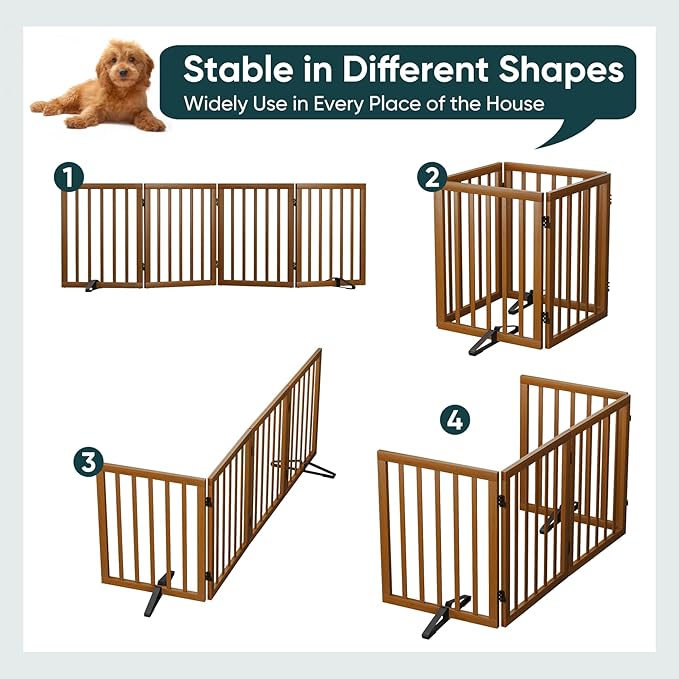 Semiocthome Freestanding Dog Gate 24“Tall, Walnut Foldable Dog Gates for Doorways Stairs Indoor, Wooden 4 Panels Pet Gates for Dogs with 2 Metals Stands, Fully Assembled Door Gates Fences