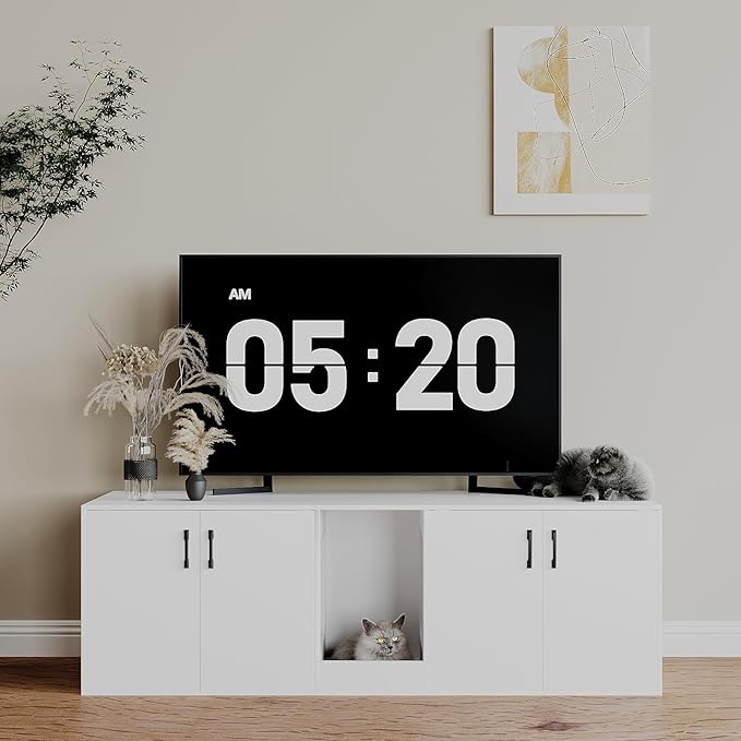 Cat Litter Box Enclosure for 2 Cats,cat Litter Box Enclosure Furniture with Double Room,Stackable,Indoor，Large cat Cabinet,pet House Side Coffee Table,White and Black (White)