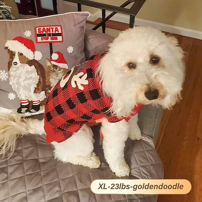 KYEESE Dog Christmas Sweater Reindeer with Leash Hole Christmas Dogs Sweater Red Buffalo Check Pet Sweater Dog Christmas Outfit,XL