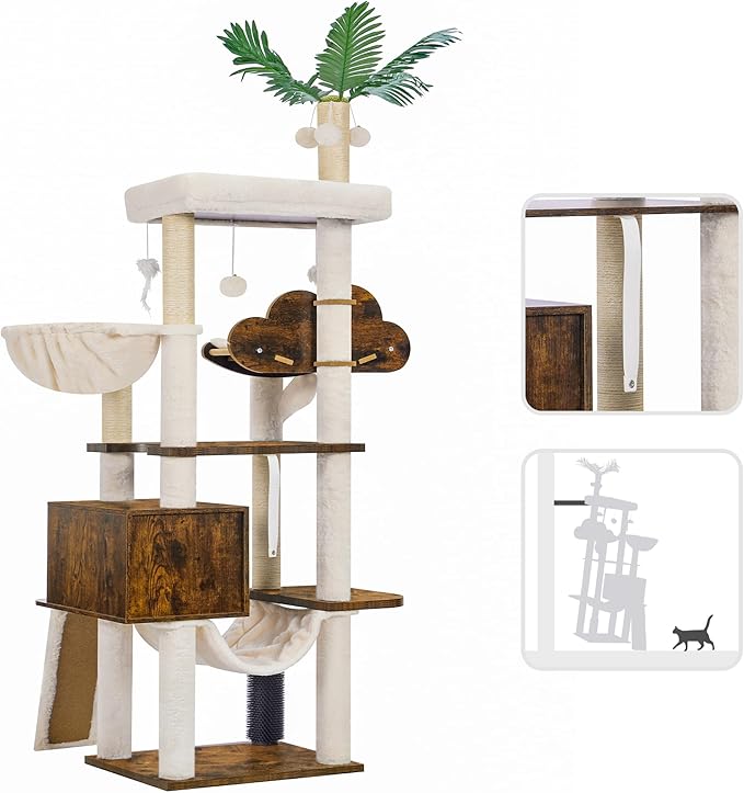 Heybly Wood Cat Tree for Indoor Cats, Cat Condo for Large Cats with Self Groomer, Modern Cat Scratching Tower with Basket, Hammock, Dangling Ball and Leaves, Rustic Brown HCT120SR