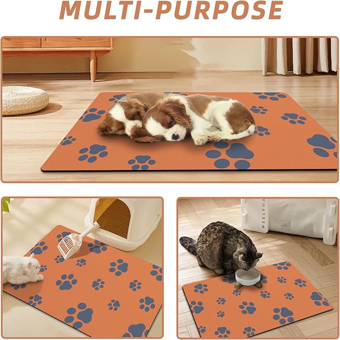 12"×20" Dog Food Mat-Absorbent Dog Mat for Food and Water, No Stains Quick Dry Cat Bowl Mat Non Skid Feeding Mat with Footprints for Messy Drinkers Orange