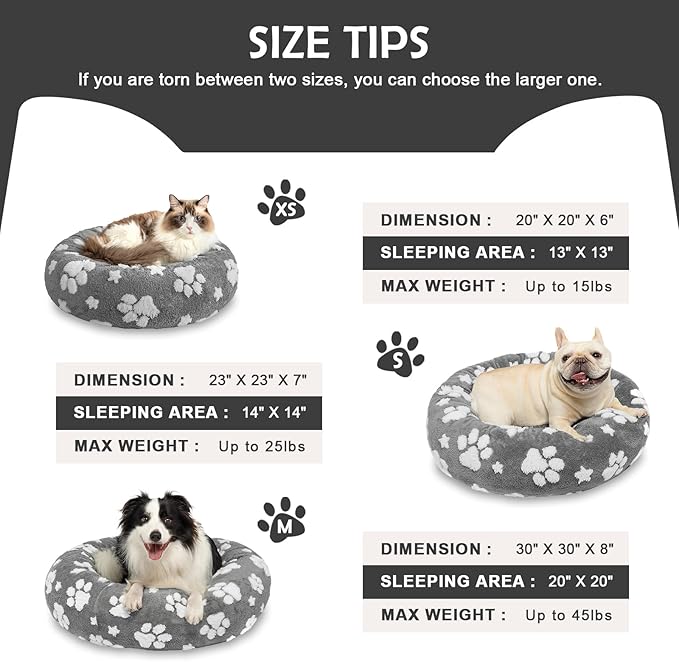 Donut Dog Beds for Small Dogs, Calming Round Cat Beds for Indoor Cats, Cute 3D Textured Paw Pet Bed with Removable Washable Cover and Anti-Slip Bottom（Grey，23"）