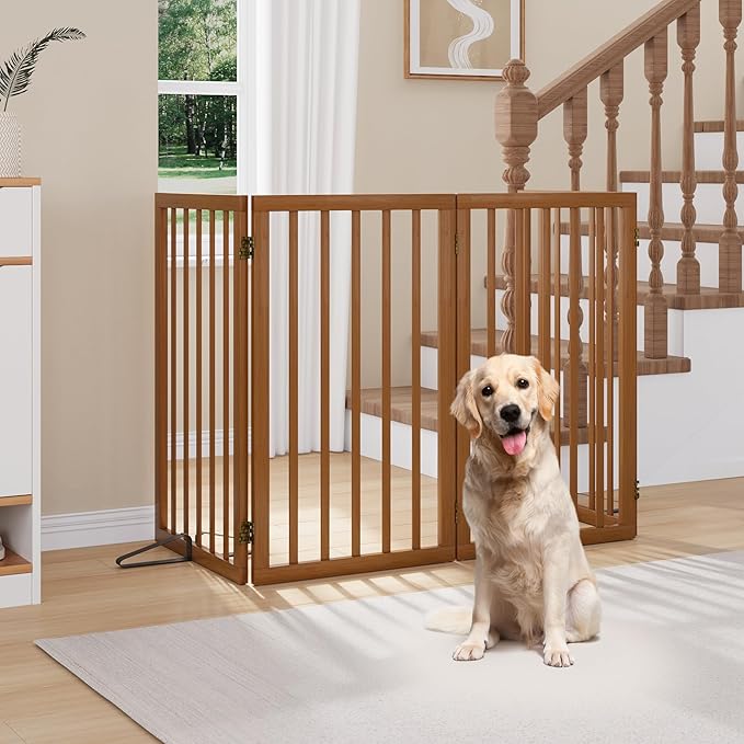 32" H Extra Tall Freestanding Dog Gates Indoor, 4-Panel Bamboo Wood Door Gates for Pets with 2 Metal Stands and 360°Hinge, Folding Pet Barrier for Stairs, Doorways, Kitchen 74" W x 32" H - Walnut