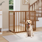 32" H Extra Tall Freestanding Dog Gates Indoor, 4-Panel Bamboo Wood Door Gates for Pets with 2 Metal Stands and 360°Hinge, Folding Pet Barrier for Stairs, Doorways, Kitchen 74" W x 32" H - Walnut