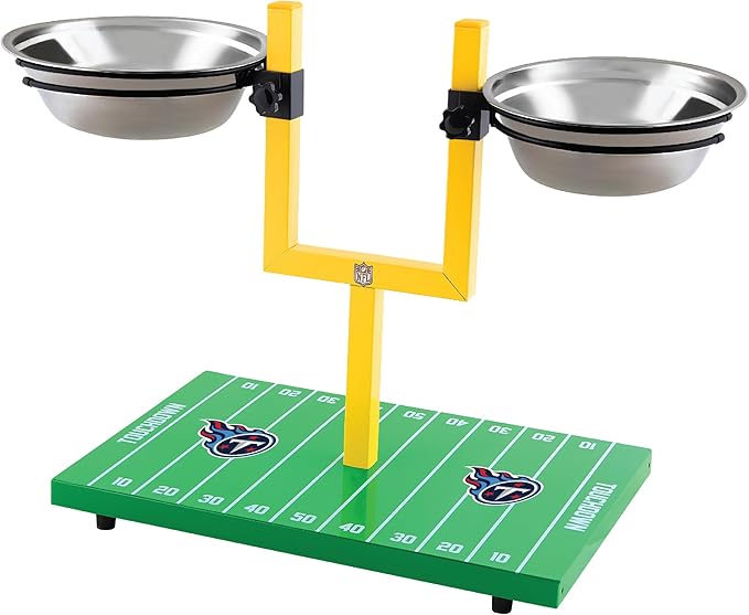 NFL Tennessee Titans Goalpost Football Field Dog Feeder – Adjustable Elevated Dog Bowls with Stand, 2 Stainless Steel Bowls, Non-Slip Rubber Feet, Raised Pet Feeder for Large & Small Dogs, Cats.