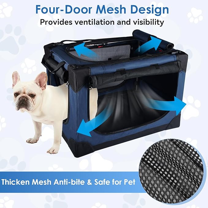 Soft Collapsible Dog Crate - 24 inch Portable Travel Puppy Crate for Small Pets or 2 Cats, Pet Carrier with 4 Mesh Doors, Car Kennel for Dogs with Handle for Indoor and Outdoor, Bule