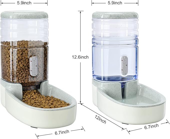 Automatic Dog Cat Feeder and Water Dispenser Gravity Food Feeder and Waterer Set with Pet Food Bowl for Small Medium Dog Puppy Kitten, Large Capacity 1 Gallon x 2(Grey)