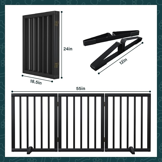 Semiocthome Bamboo Freestanding Dog Gates for Doorways,3-Panel Indoor Puppy Gates for the House with 2 Metal Stands,24"H Folding Pet Gate for Stairs Expands Up to 55"W Fully Assembled Stair Gate Black