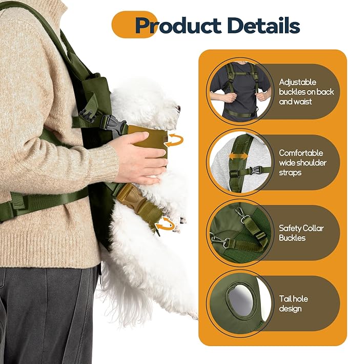 Pet Dog Front Carrier Backpacks, Legs Out Secure-Fit Dog Front Carrier for Small Dogs Up to 17 lbs, Adjustable Hands Free Pet Chest Carrier for Hiking Cycling (S, Army Green)