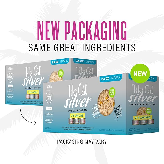 Tiki Cat Silver Variety Pack, Immune System Support Formulated for Older Cats Aged 11+, Senior Wet Cat Food, 2.4 oz. Can (12 Count)