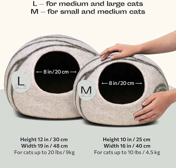 MEOWFIA Cat Cave – Premium Felt Cat Bed for Indoor Cats, Handmade 100% Merino Wool (Light Shades) (Large, Light Grey)