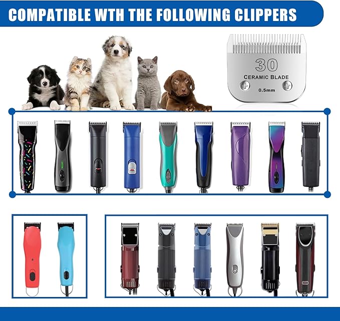 30# Detachable Pet Dog Grooming Clipper Ceramic Blade,Compatible with Andis Size 30 Cut Length 1/50"(1.5mm),Compatible with andis/wahl/Oster Dog Clippers 3PCS