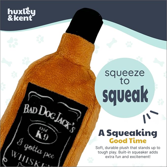 Huxley & Kent Funny Dog Toy w/Squeaker – Power Plush Squeaky Dog Toys for Small Dogs – Durable Small Stuffed Animal for Indoor Play & Fetch - Tiny Tuff Bad Dog Jack's Whiskey