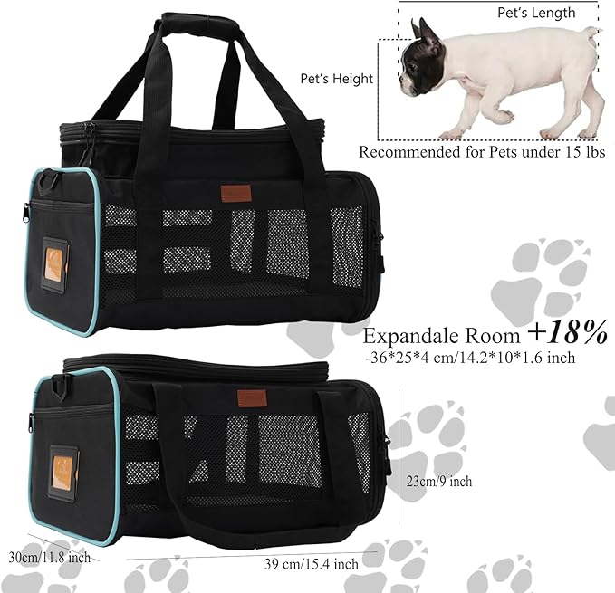 Black Pets Carriers for Cats Small Dogs Flight Travel Carrier Bag,Airline Approved,Ventilated Puppy Bag,Guaranteed On Cabin Board Flight,Top Load Expandable