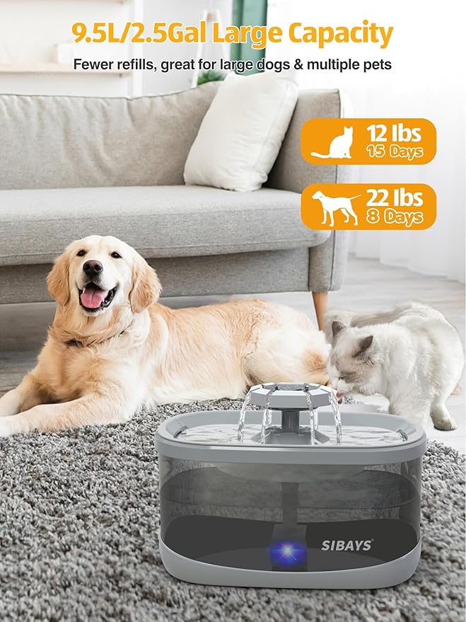 SIBAYS 2.5Gal/9.5L Dog Water Fountain for Large Dogs, 3 Flow Modes Large Pet Water Fountain for Cats, Automatic Dog Water Bowl Dispenser with 7" Filter & Smart LED Pump, Quiet, BPA-Free Material(FS68)