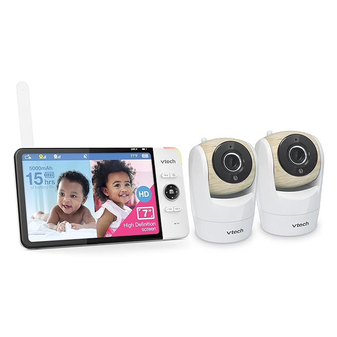 VTech VM919-2HD Baby Monitor, 7" 720p Screen, 2 Cameras, 360 Panoramic Viewing, 110 Wide-Angle View, Night Vision, Up to 1000ft Range, Secured Transmission No WiFi