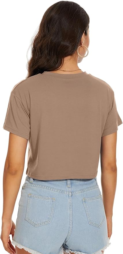 Womens Summer Crop Tops Short Sleeve Round Neck T-Shirts Loose Fit Casual Blouse