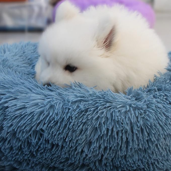 Comfy Calming Dogs Bed for Deep Sleep Small Puppy ，Puppy Bed with Fluffy Donut is for Anxiety Small Dogs，19" Round Soft Faux Fur Pet Bed for Small Dogs Under 15 lbs Machine Washable Blue