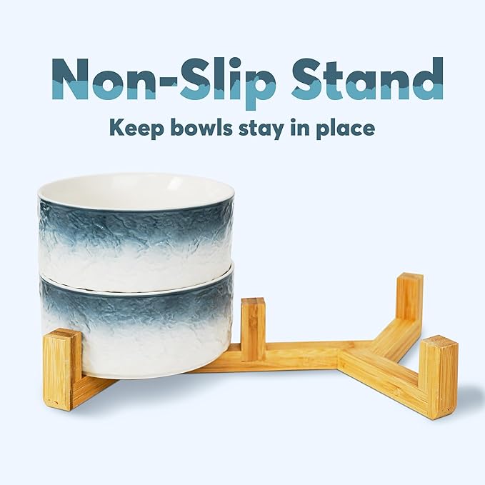 YOBRO Elegant Dog Bowls Set for Medium Dogs, Beautiful Ceramic Stone Alike Style, Pet Bowl Set with Wooden Stand, Non-Slip, Modern Food or Water Breeds Dishs, Gifts for Dog Owners, Blue