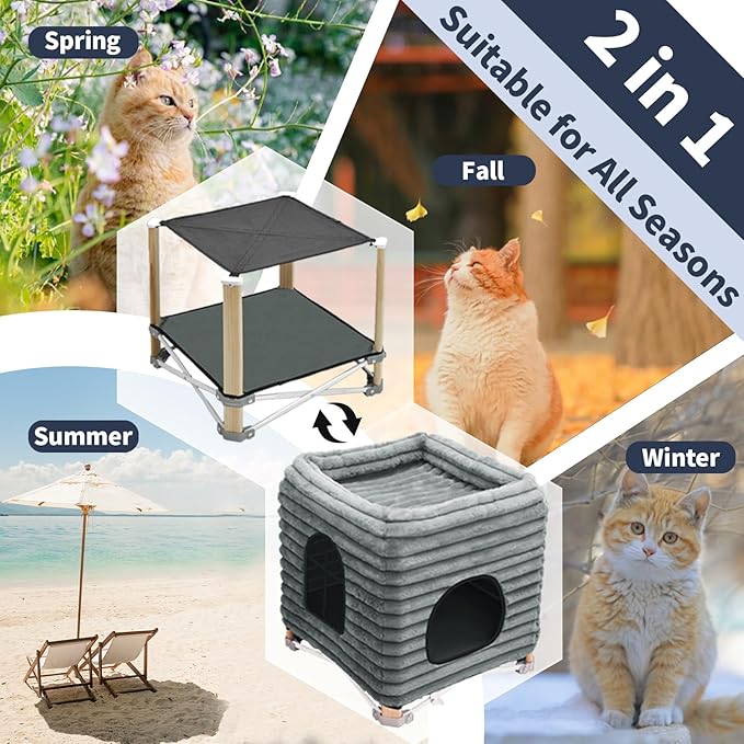 Pozico 2-Tier Collapsible Cat Beds & Furniture, 2 Layer Pine Construction Cat Hammocks, Cat Houses for Indoor Cats, Cat Bed Cave for Multiple or Large Cats up to 30 lbs, All-Season Comfort-Grey-S