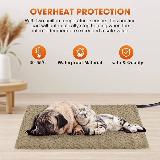 GASUR Pet Heating Pad, Waterproof Electric Dog Cat Heat Pad with Timer, Temperature Adjustable Heated Cat Bed for Winter, Auto Power-Off, Anti-bite Heated Pad for Dogs Cats -18''x16'', Small