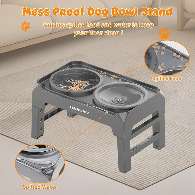 URPOWER 2-in-1 Elevated Dog Bowls Mess Proof Slow Feeder with No Spill Water Bowl 4 Height Adjustable Raised Dog Bowl Non-Slip Food and Water Bowls Set for Small Medium Large Dogs
