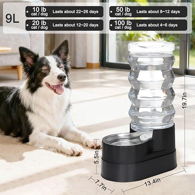 RIZZARI Automatic Pet Waterer, Gravity Stainless Steel Water Dispenser, 100% BPA-Free, Large Capacity Water Feeder for Cats and Small and Medium-Sized Dogs (Jet Black, 9L)
