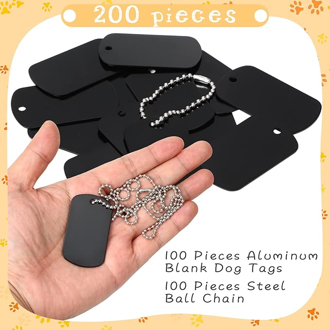 Yinkin 200 Pcs Personalized Military Dog Tags Set Including 100 Pcs Aluminum Blank Dog Tags for Engraving 100 Ball Steel Chain Rectangle Metal Blank Stamping Label for DIY Craft(Black)