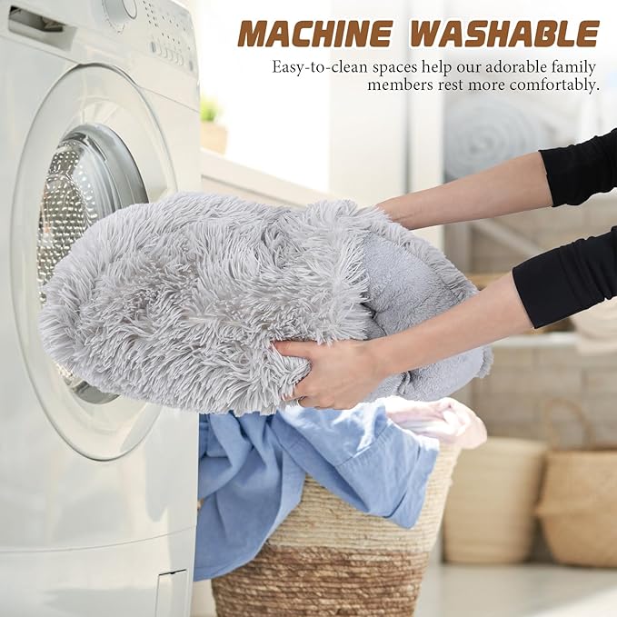 Bdor Cat Beds & Dog Bed with Cover Cave, 20in Round Beds for Medium Small Pets, Self Warming Soft Plush Donut Calming Pet Bed for Indoor Cats Dogs Puppy Kitten, Washable Bed with Non-Slip Bottom