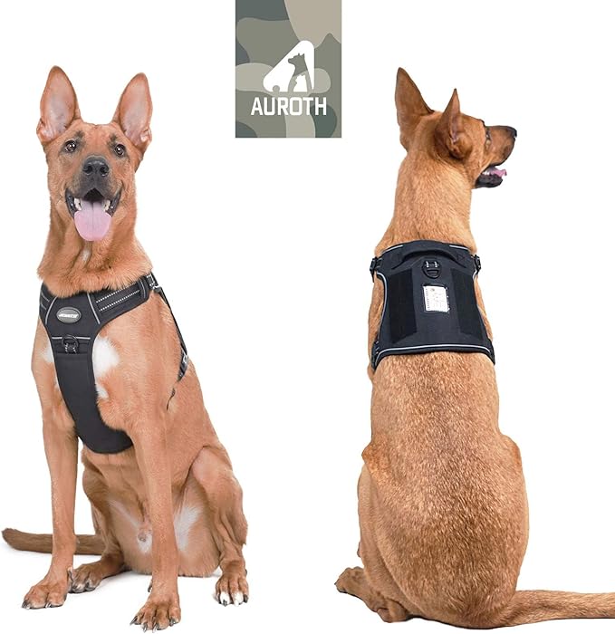 Auroth Tactical Dog Harness for Large Dogs No Pull Adjustable Pet Harness Reflective K9 Working Training Easy Control Pet Vest Military Service Dog Harnesses Black XL