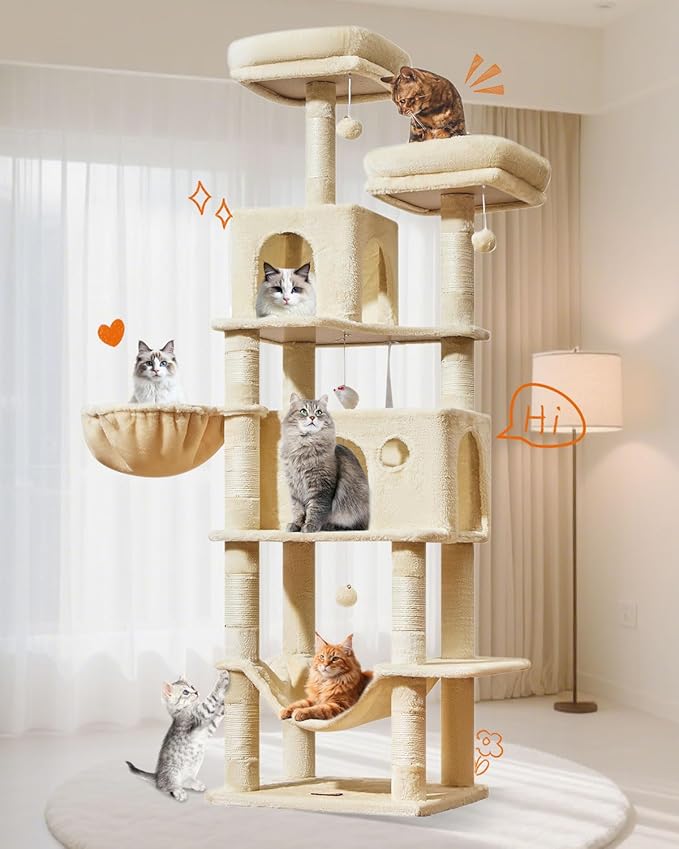 Taoqimiao Large Cat Tree，73-Inch Cat Tree Tower with 9 Scratching Posts for Indoor Cats, 2 Large Cat Condo with Hammock, Hanging Basket, 2 Extended Platform, Beige MS013XLM