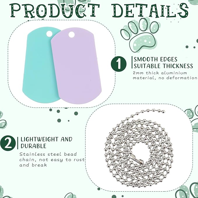 Yinkin 200 Pcs Personalized Military Dog Tags Set Including 100 Pcs Aluminum Blank Dog Tags for Engraving 100 Ball Steel Chain Rectangle Metal Blank Stamping Label for DIY Craft(Pastel)