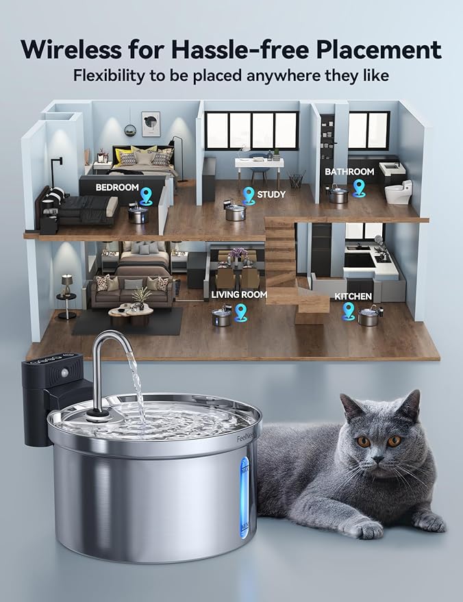Wireless Cat Water Fountain Stainless Steel [Water & Battery Separation] FEELNEEDY Smart Pet Water Fountain, 4000mAh Battery Operated Water Fountain for Cats Dogs 3.5L/118oz + 6 Filters