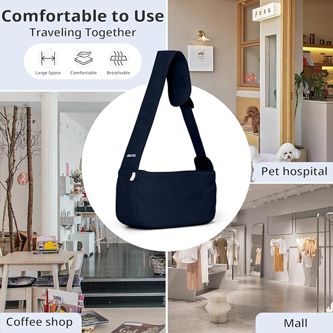 Dog Sling Carrier for Small Dogs and Cats, Lightweight Collapsible Pet Travel Bag with Adjustable Strap, Side Pockets & Breathable Mesh (Navy Blue, 15.7" L x 5.9" W x 8.6" H)