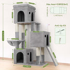Globlazer Cat Tower for Indoor Cats, 52in Multi-Level Heavy Duty Cat Tower with 4 Scratching Posts, Ladder, Sturdy Cat Tree with 3 Cat Condos for Adult Cats Kittens, Hanging Basket, F52B, Light Grey