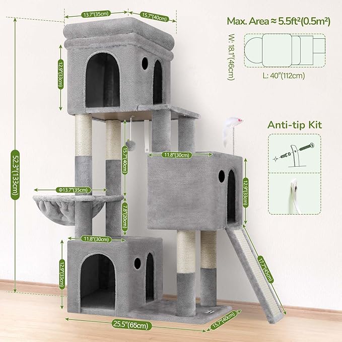 Globlazer Cat Tower for Indoor Cats, 52in Multi-Level Heavy Duty Cat Tower with 4 Scratching Posts, Ladder, Sturdy Cat Tree with 3 Cat Condos for Adult Cats Kittens, Hanging Basket, F52B, Light Grey