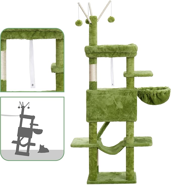 Cat Tree, 63 inch Multi-Level Cat Tower for Indoor Cats, Cat Condo with Cat Scratching Post and Board, Cat Hammock, Green GCT011GR