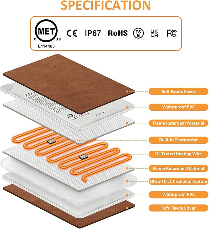 Upgraded Pet Heating Pad, 5 Adjustable Temperature & Timer, Electric Heated Dog Cat Bed for Winter, Auto Power-Off, Waterproof Chew-Resistant (L:26'' x 20'')