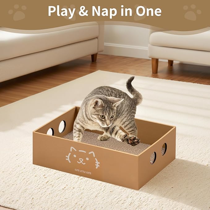 Heavy Duty Cardboard Cat Scratcher Box, Cat Bed with Double-Sided Cardboard Scratch Pad, Interactive Hole Design, Scratch Lounge Bed Suitable for Cats to Rest(Cat Pattern)