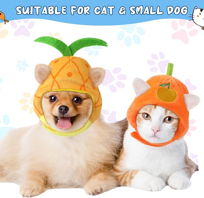 Weewooday 5 Pcs Cat Adorable Costume Bunny Hat with Ears Funny Mane Cat Hat for Pets and Small Dogs Kitten Puppy Party Costume Accessory Headwear(Avocado, Orange, Strawberry, Pineapple, Frog)