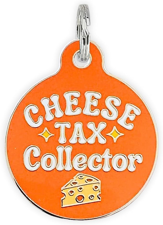 Personalized QR Code Dog Tags - Choose from 25+ Tag Designs - QR Code Links to Your Profile - Unique, Cute, Funny, Sassy Pet ID Tag (Cheese Tax Collector, Large (1.25 inch))