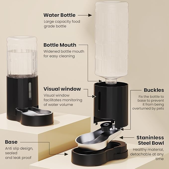 CZPET Elevated Dog Water Bowl Dispenser with Mat for Large Dogs,Tall Raised Pet Waterer Stand,Relieve Neck Pressure,Large Capacity and Drinking Area Noise-Free for Pets (9L+Stand+Mat)