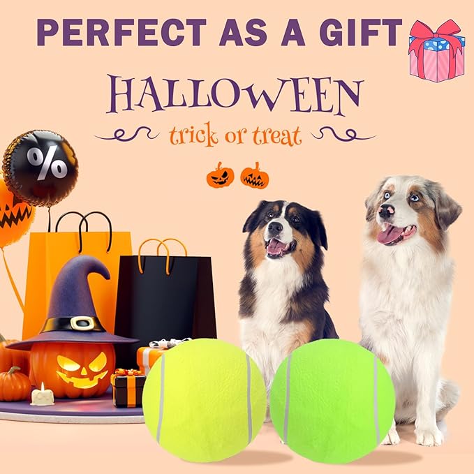 SCENEREAL Giant Tennis Ball for Dogs 2 Pack,Upgraded Thicken 9.5" Large Tennis Balls for Dogs,Halloween Dog Toys Birthday Gift, Inflatable Interactive Ball for Large Medium Big Dog,Durable Toy