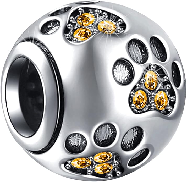 EMOSTAR Dog Paw Print Charms with Various Birthstone Crystals, 925 Sterling Silver Pawprint Beads for 3mm Snake Chain, Pet Lover Gifts for European Women Bracelet