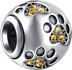 EMOSTAR Dog Paw Print Charms with Various Birthstone Crystals, 925 Sterling Silver Pawprint Beads for 3mm Snake Chain, Pet Lover Gifts for European Women Bracelet