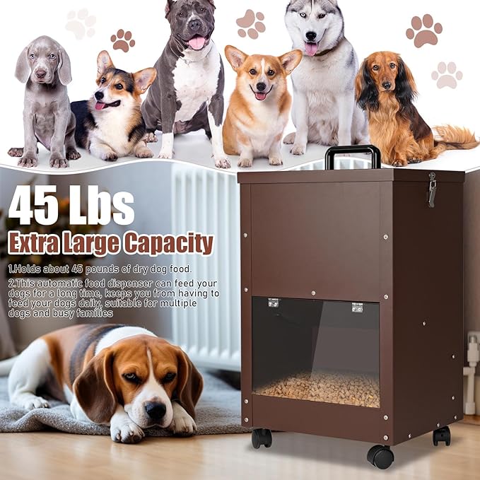 Galvanized Automatic Dog Feeder Large Breed 45 Pounds, Metal Dog Food Gravity Feeder Extra Large Automatic Pet Feeder, Easy to Move with Wheels