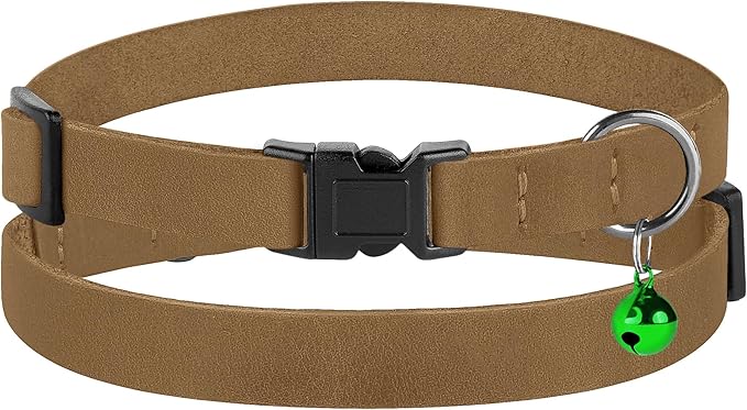 Breakaway Cat Collar Leather with Removable Bell - 13 Colors Available - Soft Adjustable Girl Boy Safety Lightweight Pet Kitten Collars Pink Brown Blue Green Red Orange Black (Brown)